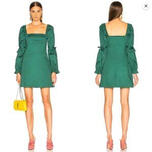 Staud Tai Dress Emerald Green Long Sleeve Mini Square Neck Cotton